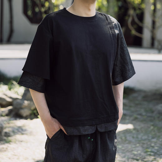 【明星同款】荷言GL 画染尘 纯棉短袖拼接真丝龟裂纹非遗香云纱男装新中式 商品图2