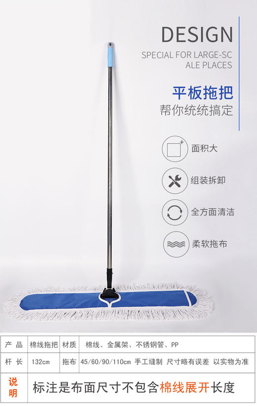 60cm大平板拖把家用商用工业用大号尘推排拖酒店大堂大头拖把油拖棉线拖布长地拖 商品图1