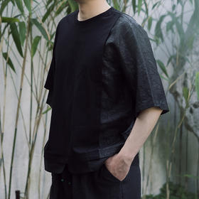 【明星同款】荷言GL 画染尘 纯棉短袖拼接真丝龟裂纹非遗香云纱男装新中式