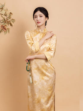 荷言HEYEN 朱雀桥边  真丝晕染织金提花立领七分袖手工旗袍高级定制