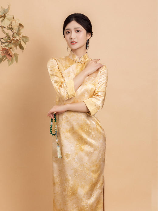荷言HEYEN 朱雀桥边  真丝晕染织金提花立领七分袖手工旗袍高级定制 商品图0