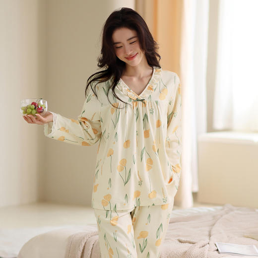 芬腾睡衣女纯棉长袖可外穿春秋款V领花卉秋季休闲全棉家居服套装 商品图2