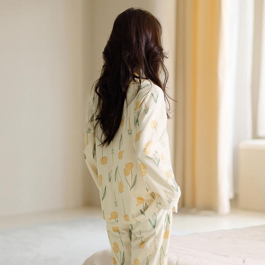芬腾睡衣女纯棉长袖可外穿春秋款V领花卉秋季休闲全棉家居服套装 商品图3