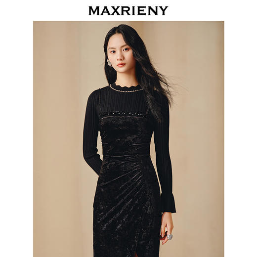 玛克门店发货：华丽复古重工钉珠连衣裙丝绒长裙(货号:MC88DR812) 商品图2