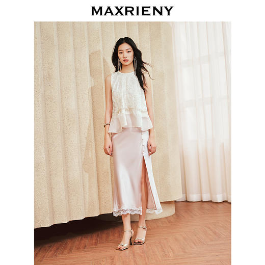MAXRIENY千金风雪纺衫女A摆鎏金蕾丝上衣修身显瘦(货号:MS85TP255) 商品图1