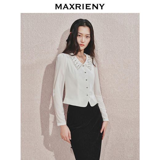 MAXRIENY*复古感丝绒衬衫24秋冬新款水钻领收腰上衣女修身显瘦(货号:MS85TP506) 商品图2
