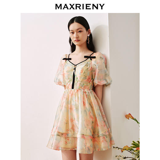 玛克门店发货:MAXRIENY晚霞繁花连衣裙别致油画花卉印花欧根纱裙(货号:MC88DR501) 商品图2
