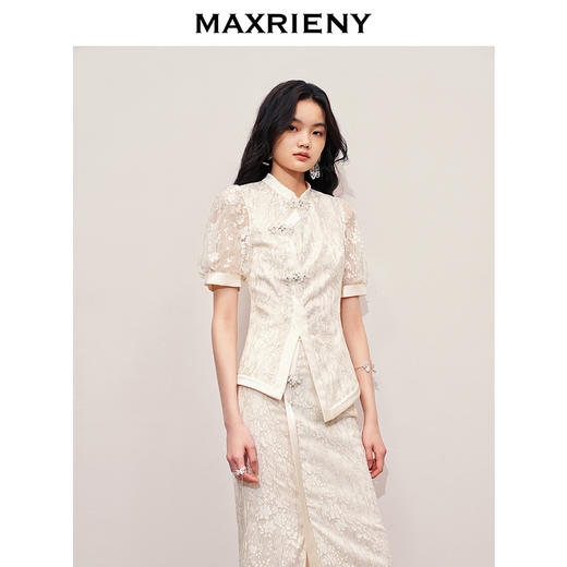 MAXRIENY国风新中式蕾丝上衣修身显瘦2024夏季新款立领手工盘扣(货号:MS85TP265) 商品图2