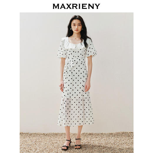 玛克门店发货：MAXRIENY优雅复古波点连衣裙方领鱼尾名媛茶歇裙(货号:MS85DR262) 商品图1