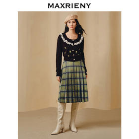玛克门店发货：MAXRIENY复古学院风A摆中长格纹百褶半裙冬款羊毛裙(货号:MC88SK804)