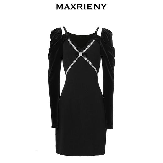 MAXRIENY法式复古丝绒星钻连衣裙新款约会小黑裙(货号:MC88DR582) 商品图4