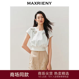 玛克门店发货：MAXRIENY复古绣花钉珠休闲T恤优雅花卉印花(货号:MC85TS004)