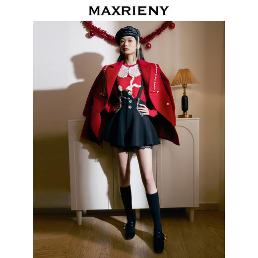 MAXRIENY复古红披肩领毛呢大衣毛呢外套羊毛外衣(货号:MS87CT754) 商品图2