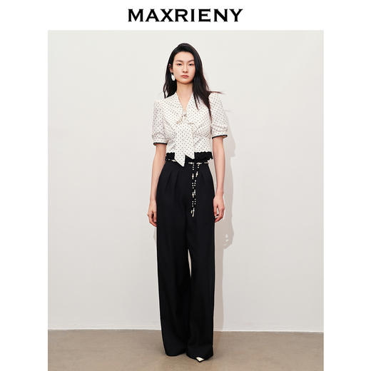 【黑白优雅主义-商场同款】MAXRIENY复古优雅珍珠点缀高腰阔腿裤(货号:MC85PA047) 商品图1