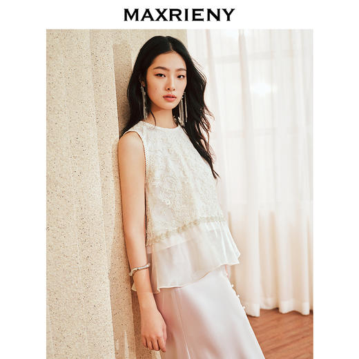 MAXRIENY千金风雪纺衫女A摆鎏金蕾丝上衣修身显瘦(货号:MS85TP255) 商品图2