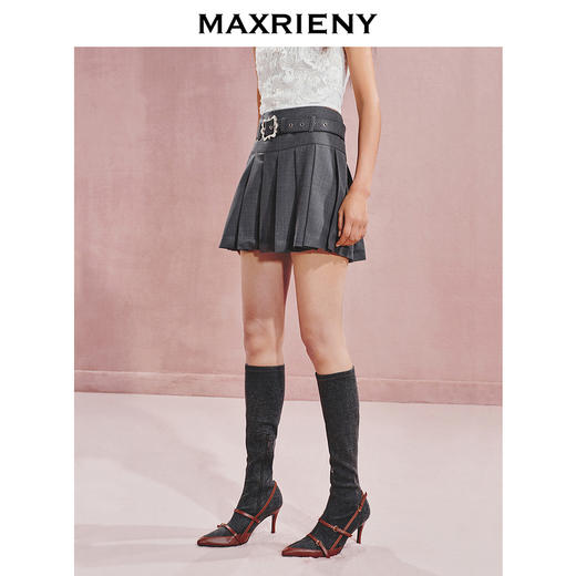 玛克门店发货：MAXRIENY复古少女感黑灰宽压褶半身裙短裙(货号:MC85SK536) 商品图2