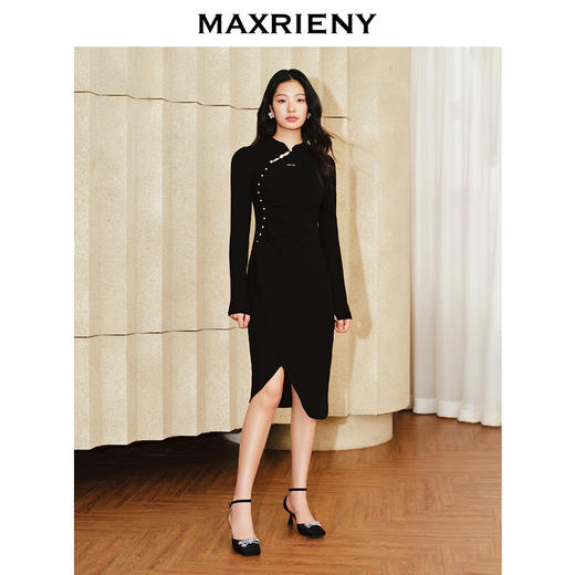 MAXRIENY复古国风珍珠扣抽褶立领连衣裙改良旗袍(货号:MC88DR816) 商品图1