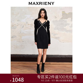MAXRIENY法式复古丝绒星钻连衣裙新款约会小黑裙(货号:MC88DR582)