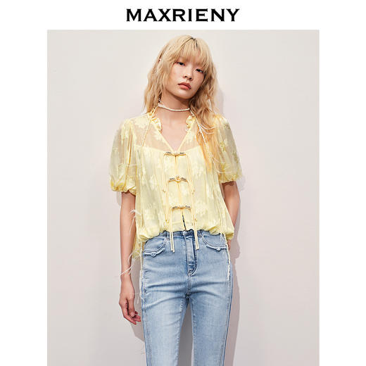 玛克门店发货：MAXRIENY清冷新中式钉珠挖肩上衣修身显瘦(货号:MC85TP325) 商品图2