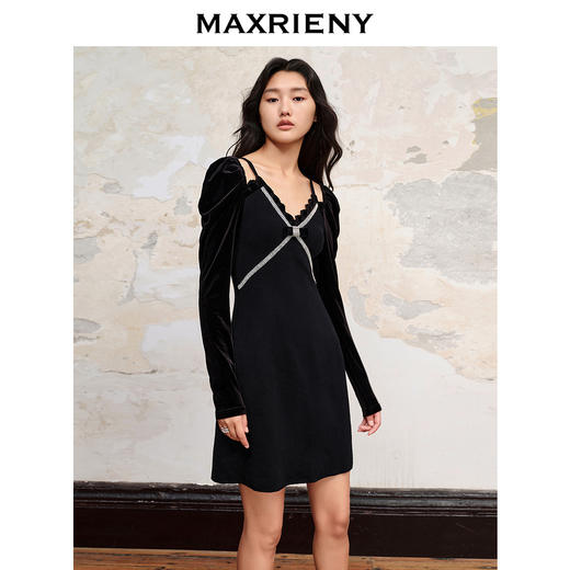 MAXRIENY法式复古丝绒星钻连衣裙新款约会小黑裙(货号:MC88DR582) 商品图1
