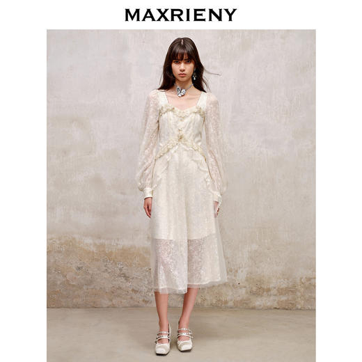 玛克门店发货：宫廷复古风荷叶边仙美连衣裙订婚小白裙(货号:MS88DR566) 商品图1