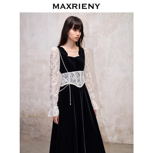 MAXRIENY法式宫廷复古风拼接蕾丝丝绒连衣裙(货号:MS88DR507) 商品图2