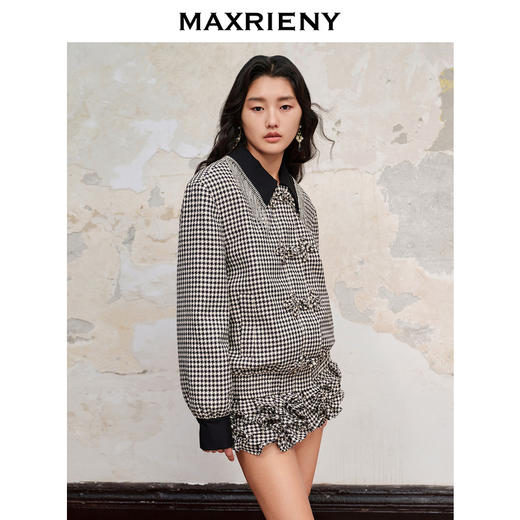 玛克门店发货：MAXRIENY黑白千鸟格纹流苏钻链中式夹克新款外套(货号:MC88JA546) 商品图1
