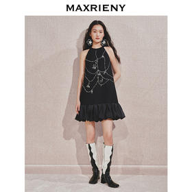 【贵雅日常-商场同款】MAXRIENY浪漫少女感挂脖小A裙钻链连衣裙(货号:MC85DR517)