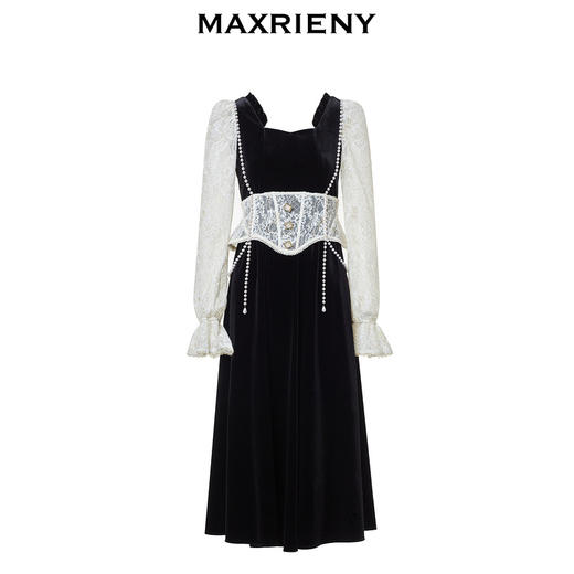 MAXRIENY法式宫廷复古风拼接蕾丝丝绒连衣裙(货号:MS88DR507) 商品图4