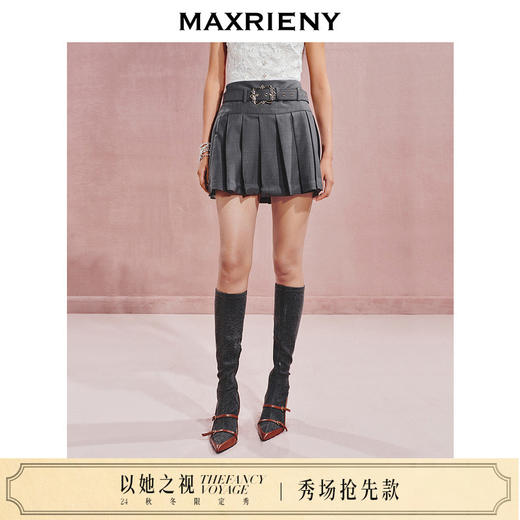 玛克门店发货：MAXRIENY复古少女感黑灰宽压褶半身裙短裙(货号:MC85SK536) 商品图0