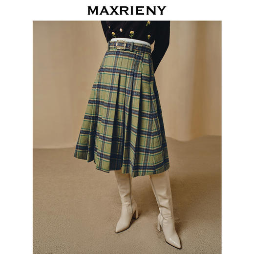玛克门店发货：MAXRIENY复古学院风A摆中长格纹百褶半裙冬款羊毛裙(货号:MC88SK804) 商品图1