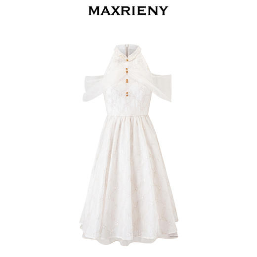 MAXRIENY复古新中式花韵散摆连衣裙仙美订婚小白裙(货号:MS85DR267) 商品图4