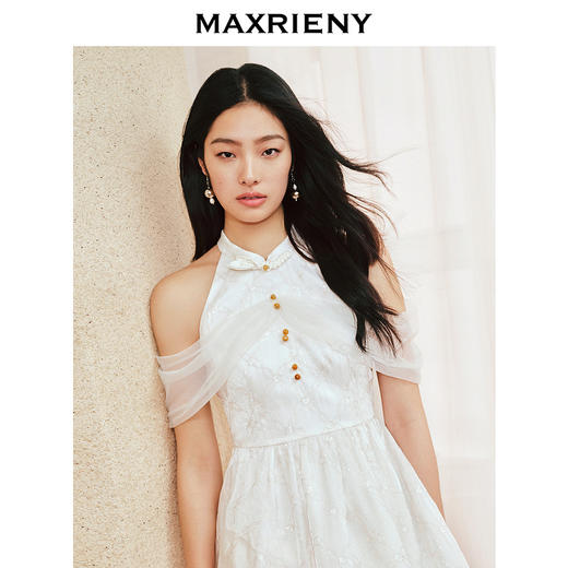 MAXRIENY复古新中式花韵散摆连衣裙仙美订婚小白裙(货号:MS85DR267) 商品图2
