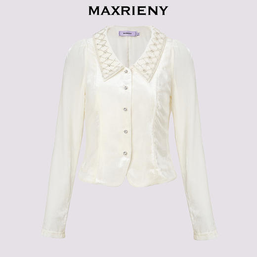 MAXRIENY*复古感丝绒衬衫24秋冬新款水钻领收腰上衣女修身显瘦(货号:MS85TP506) 商品图4