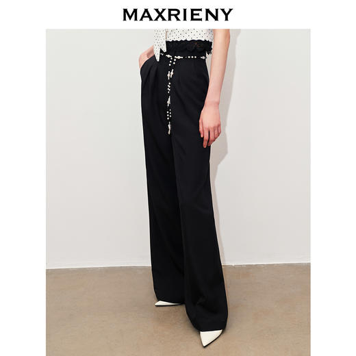 【黑白优雅主义-商场同款】MAXRIENY复古优雅珍珠点缀高腰阔腿裤(货号:MC85PA047) 商品图2