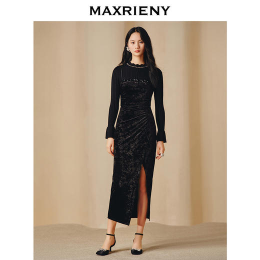 玛克门店发货：华丽复古重工钉珠连衣裙丝绒长裙(货号:MC88DR812) 商品图1