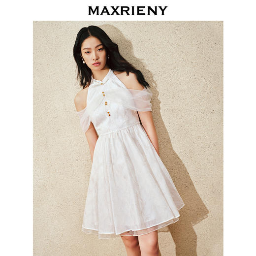 MAXRIENY复古新中式花韵散摆连衣裙仙美订婚小白裙(货号:MS85DR267) 商品图1