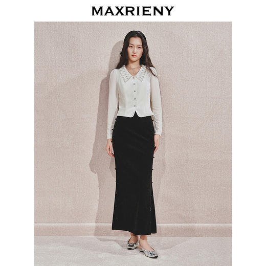 MAXRIENY*复古感丝绒衬衫24秋冬新款水钻领收腰上衣女修身显瘦(货号:MS85TP506) 商品图1
