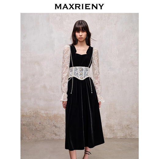MAXRIENY法式宫廷复古风拼接蕾丝丝绒连衣裙(货号:MS88DR507) 商品图1
