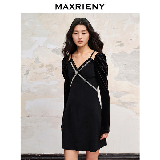 MAXRIENY法式复古丝绒星钻连衣裙新款约会小黑裙(货号:MC88DR582) 商品图2