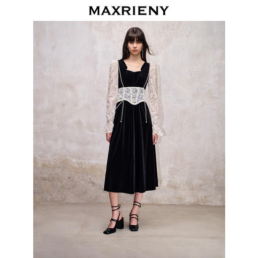 MAXRIENY法式宫廷复古风拼接蕾丝丝绒连衣裙(货号:MS88DR507) 商品图0