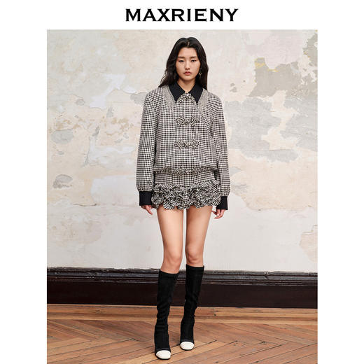 玛克门店发货：MAXRIENY黑白千鸟格纹流苏钻链中式夹克新款外套(货号:MC88JA546) 商品图0