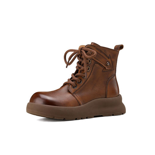 西村名物2024年冬季新款小圆头厚底增高跟系带马丁靴T24DS47011 商品图9