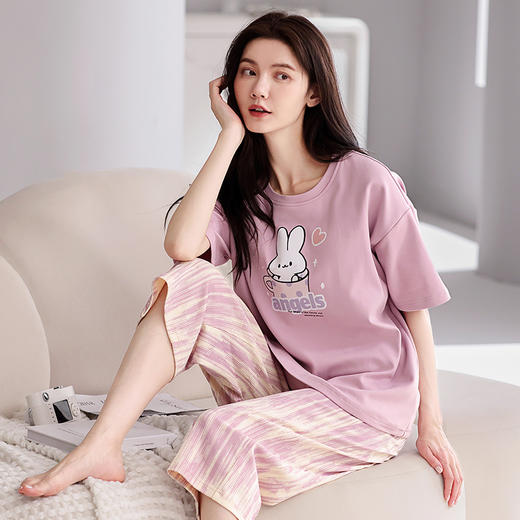 芬腾【带胸垫】薄款睡衣卡通宽松女士夏天短袖纯棉可爱家居服套装 商品图0