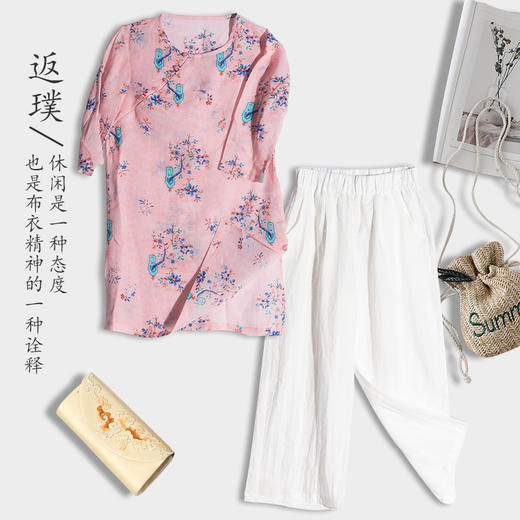 丁摩 新款旅行文艺苎麻印花五分袖中长上衣19-QL128DB299240531 商品图6