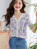 【专属特价】熙世界小香风V领针织衫女薄款夏2025新款法式提花泡泡袖冰丝上衣 商品缩略图0