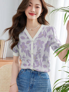 【专属特价】熙世界小香风V领针织衫女薄款夏2025新款法式提花泡泡袖冰丝上衣