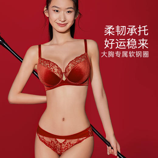 奶糖派大胸显小幽梦丝绒蕾丝性感承托内衣复古承托防凸点文胸罩女红色 商品图3