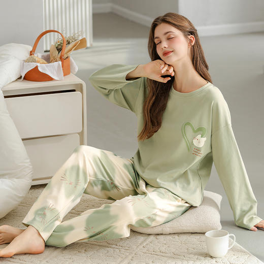 芬腾纯棉春秋季女士睡衣长袖套头套装可爱宽松休闲大码全棉家居服 商品图0