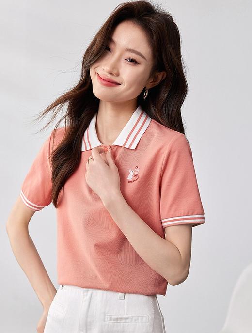 【专属特价】熙世界珠地棉polo衫女短袖2025夏季新款卡通兔子撞色翻领T恤上衣 商品图2